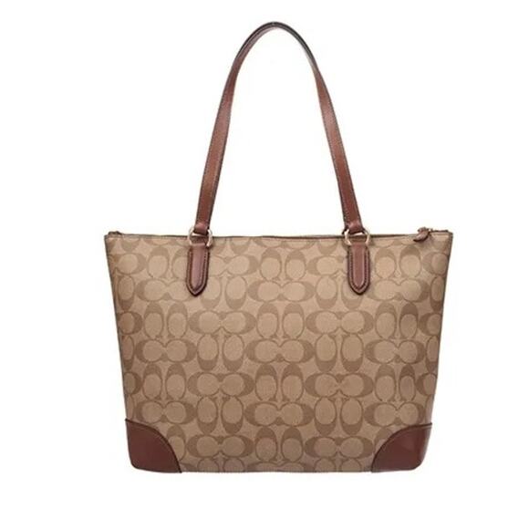 Coach Signature Canvas Zip Top Tote Bag F29208 Tan Gold Hardware - Preowned - Picture 3 of 16